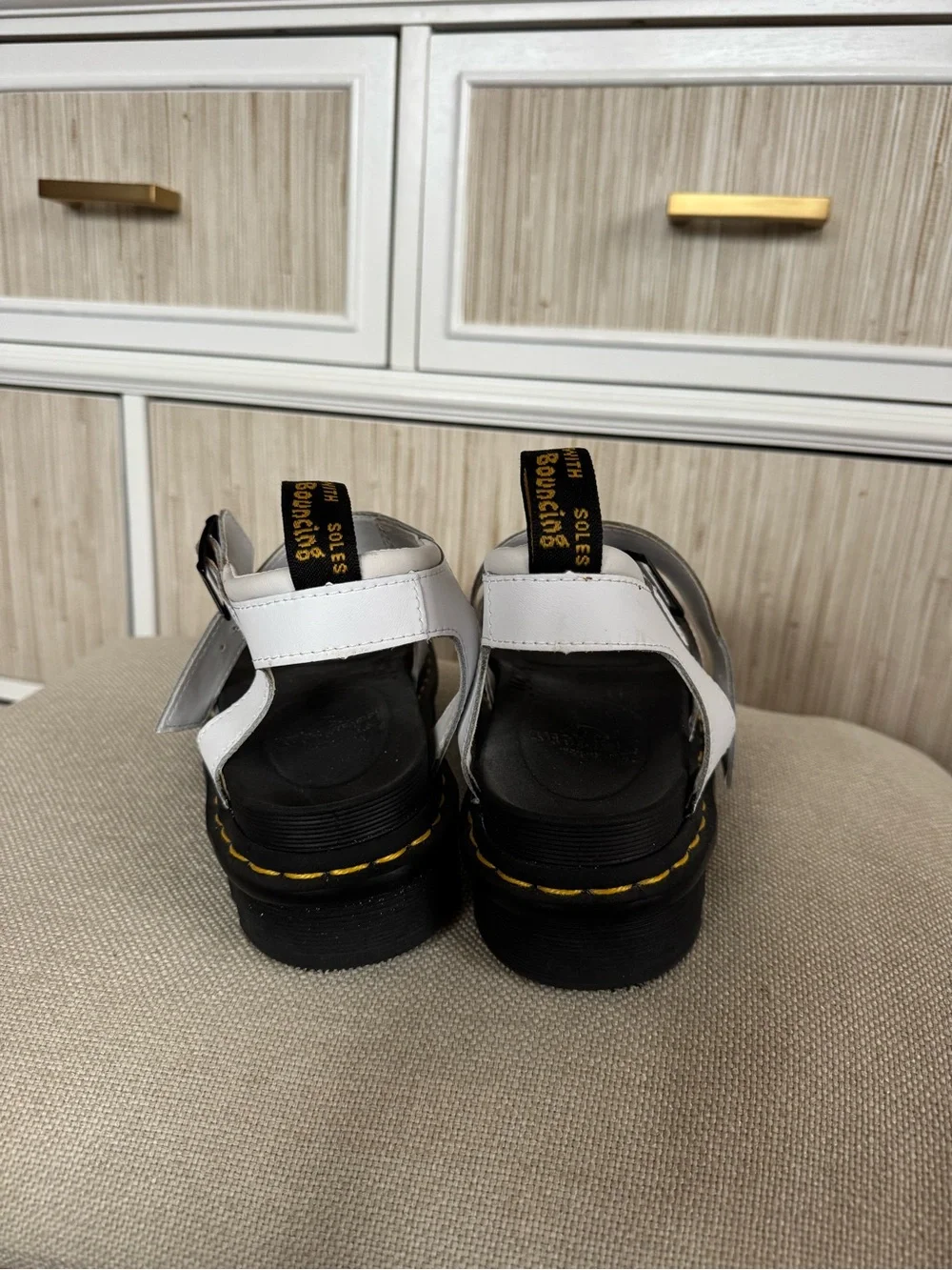 White Strappy Platform Sandals with Yellow Stitching - Picture 3 of 4